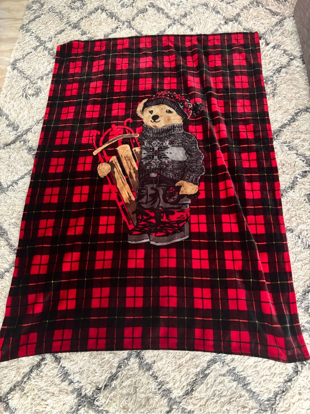 Ralph Lauren Red and Black Plaid Bear Throw Blanket